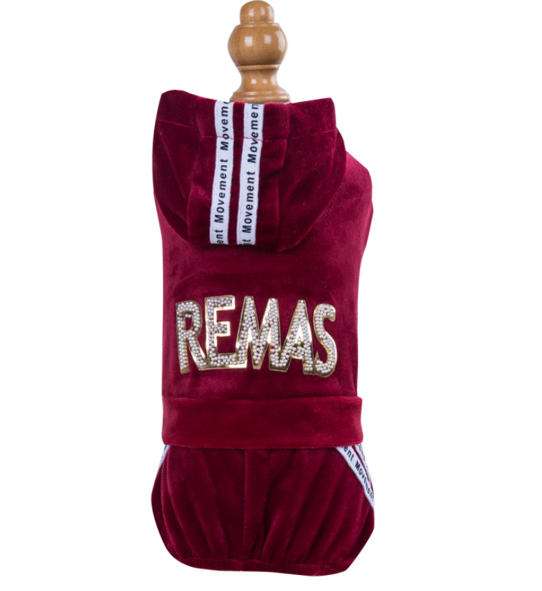 Pet Velvet Jumpsuit Athletic Hoodie with Rhinestone Design